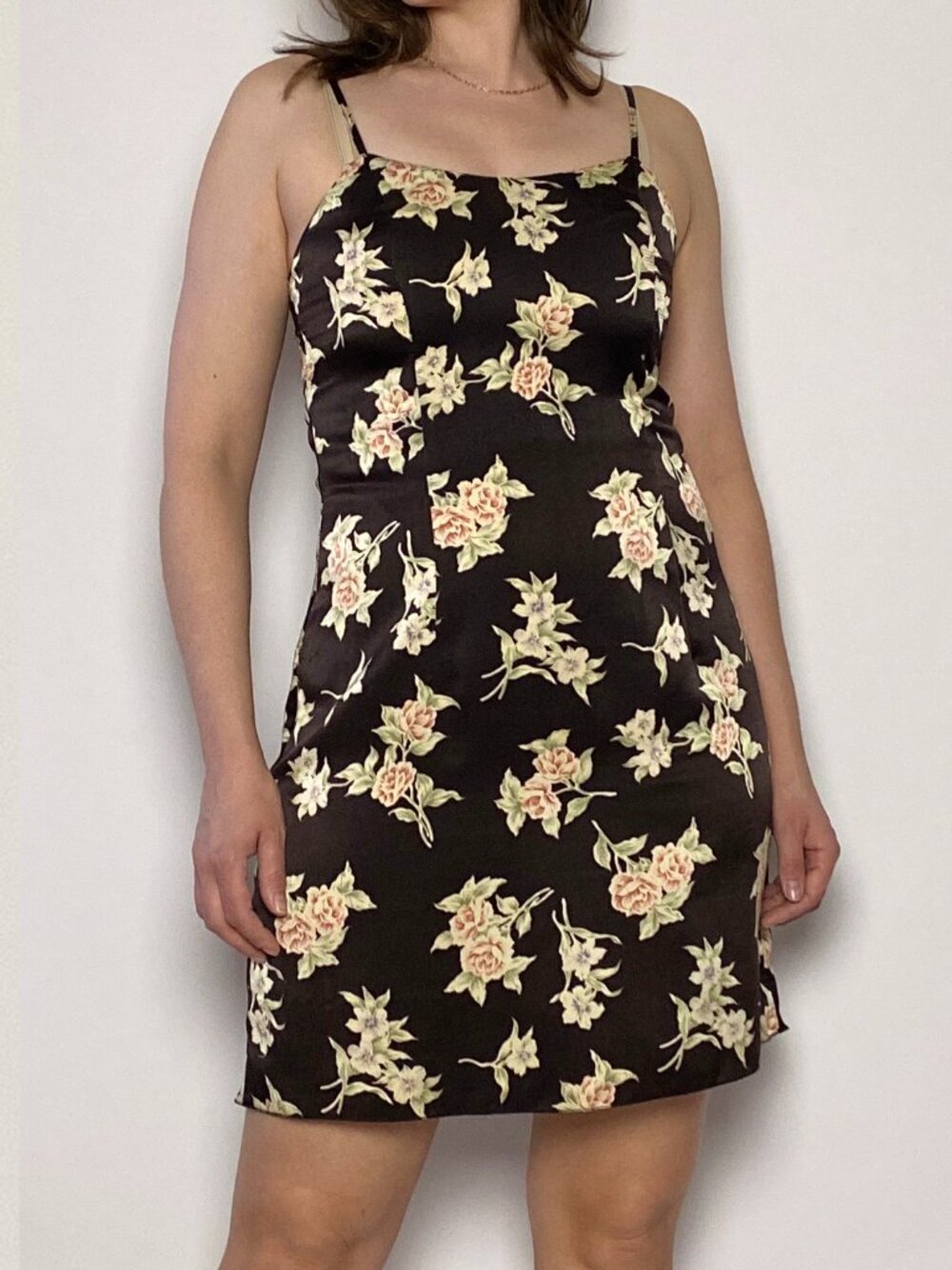 Vintage 1990s Brown SATIN FLORAL Slip Style Dress! Medium